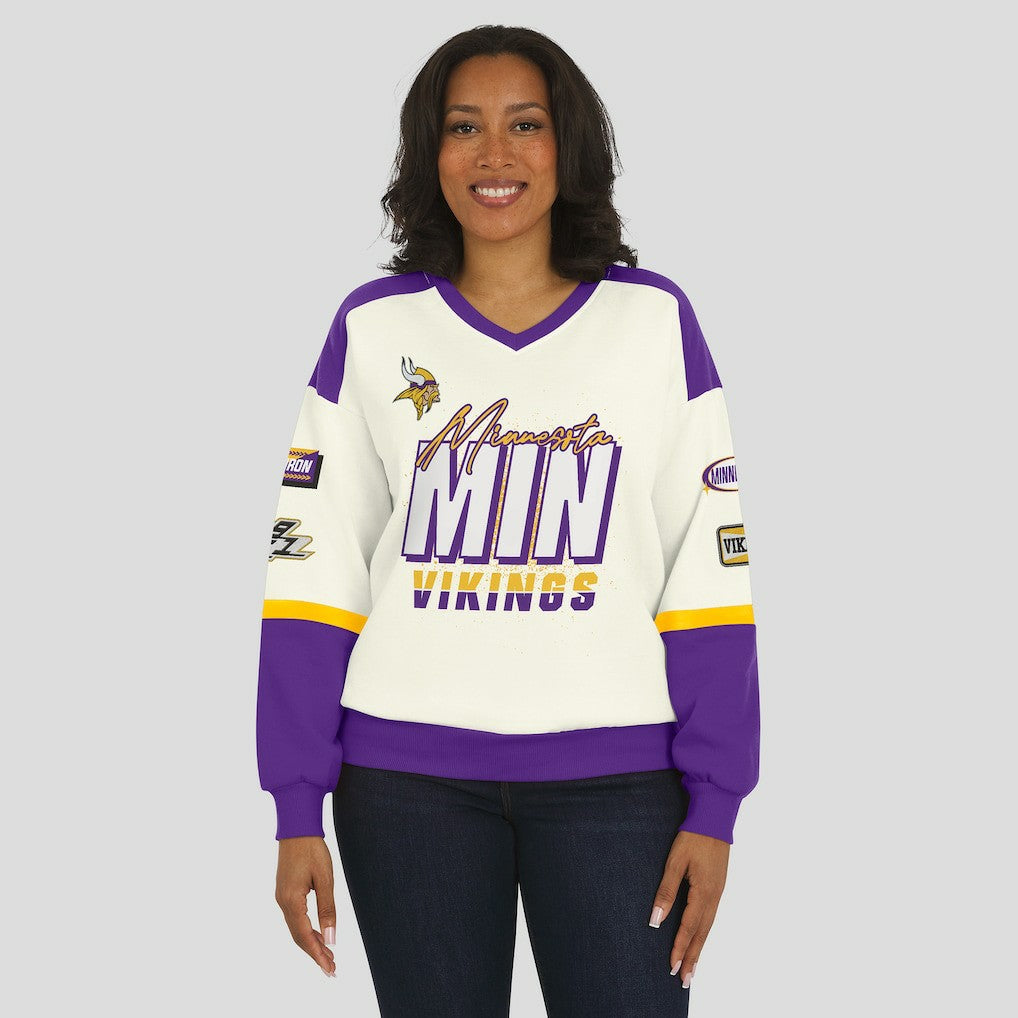 Minnesota Vikings WEAR by Erin Andrews Women's Racing Crew V-Neck Sweatshirt - Cream Sweatshirts