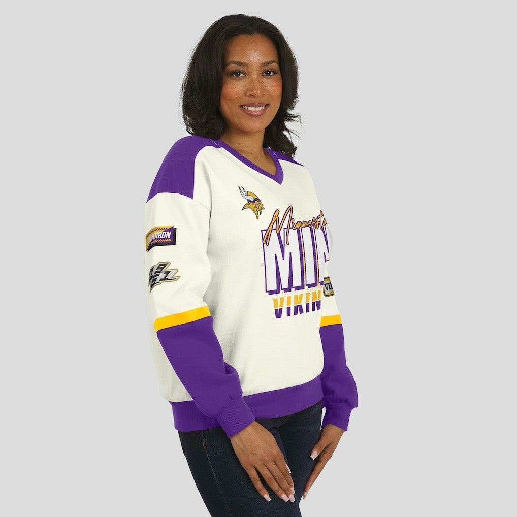 Minnesota Vikings WEAR by Erin Andrews Women's Racing Crew V-Neck Sweatshirt - Cream Sweatshirts
