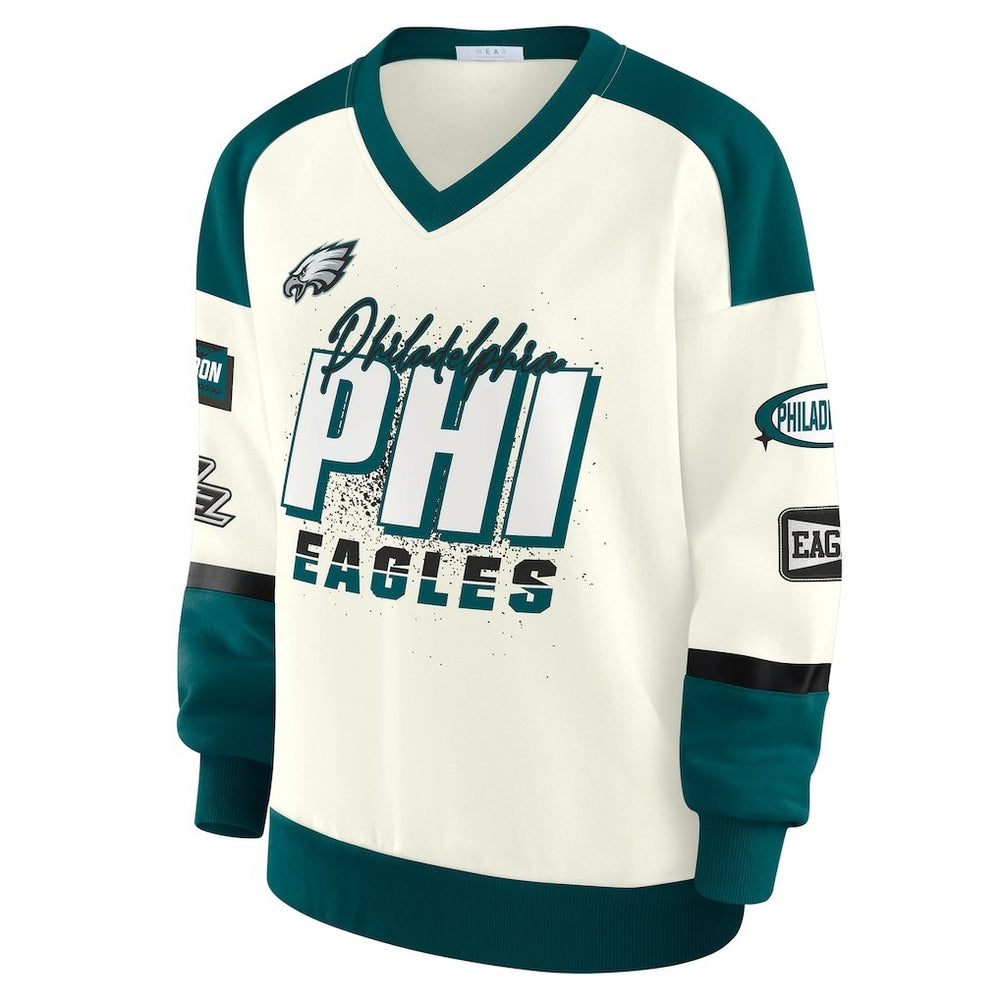 Philadelphia Eagles WEAR by Erin Andrews Women's Racing Crew V-Neck Sweatshirt - Cream Sweatshirts