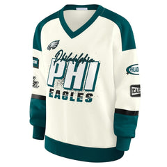 Philadelphia Eagles WEAR by Erin Andrews Women's Racing Crew V-Neck Sweatshirt - Cream Sweatshirts