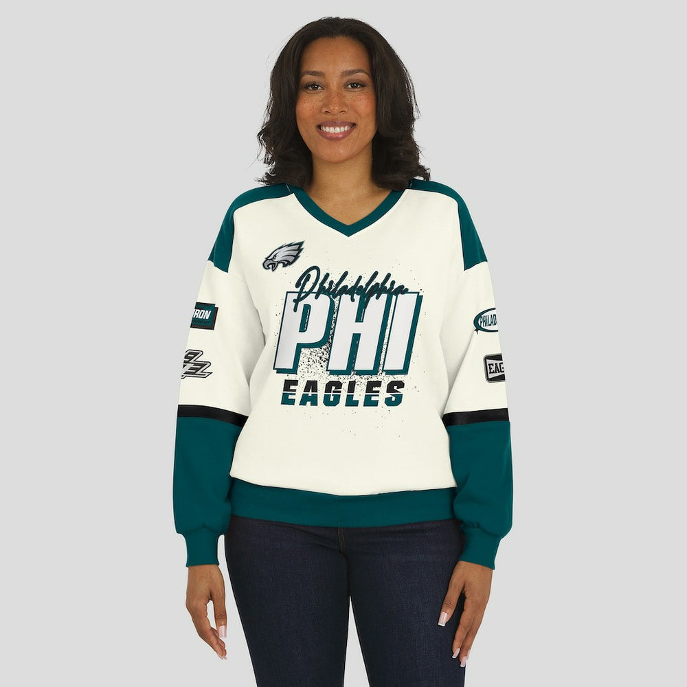 Philadelphia Eagles WEAR by Erin Andrews Women's Racing Crew V-Neck Sweatshirt - Cream Sweatshirts