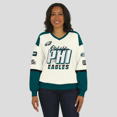 Philadelphia Eagles WEAR by Erin Andrews Women's Racing Crew V-Neck Sweatshirt - Cream Sweatshirts