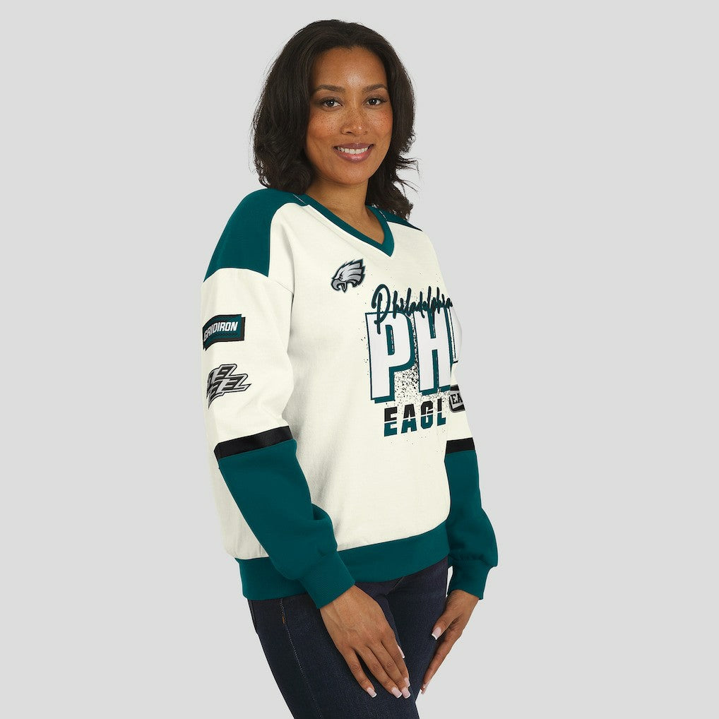 Philadelphia Eagles WEAR by Erin Andrews Women's Racing Crew V-Neck Sweatshirt - Cream Sweatshirts