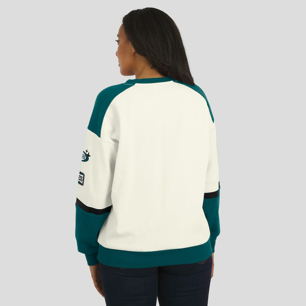 Philadelphia Eagles WEAR by Erin Andrews Women's Racing Crew V-Neck Sweatshirt - Cream Sweatshirts