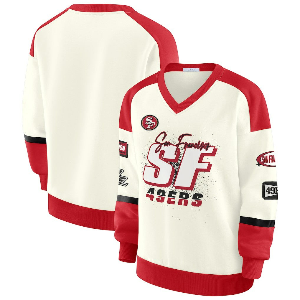 San Francisco 49ers WEAR by Erin Andrews Women's Racing Crew V-Neck Sweatshirt - Cream Sweatshirts