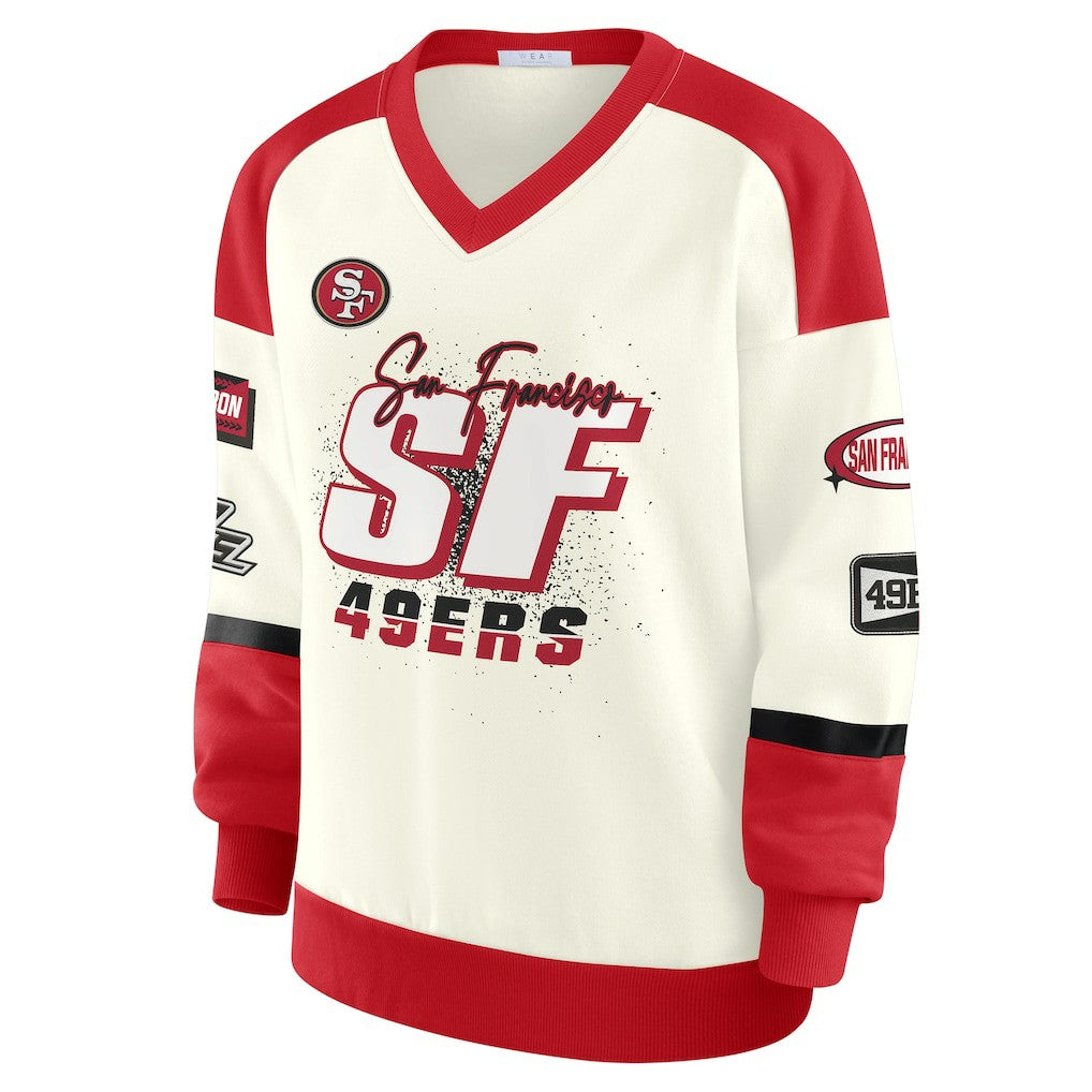 San Francisco 49ers WEAR by Erin Andrews Women's Racing Crew V-Neck Sweatshirt - Cream Sweatshirts