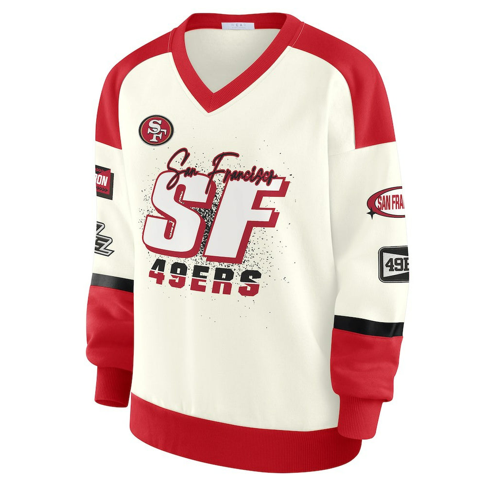 San Francisco 49ers WEAR by Erin Andrews Women's Racing Crew V-Neck Sweatshirt - Cream Sweatshirts