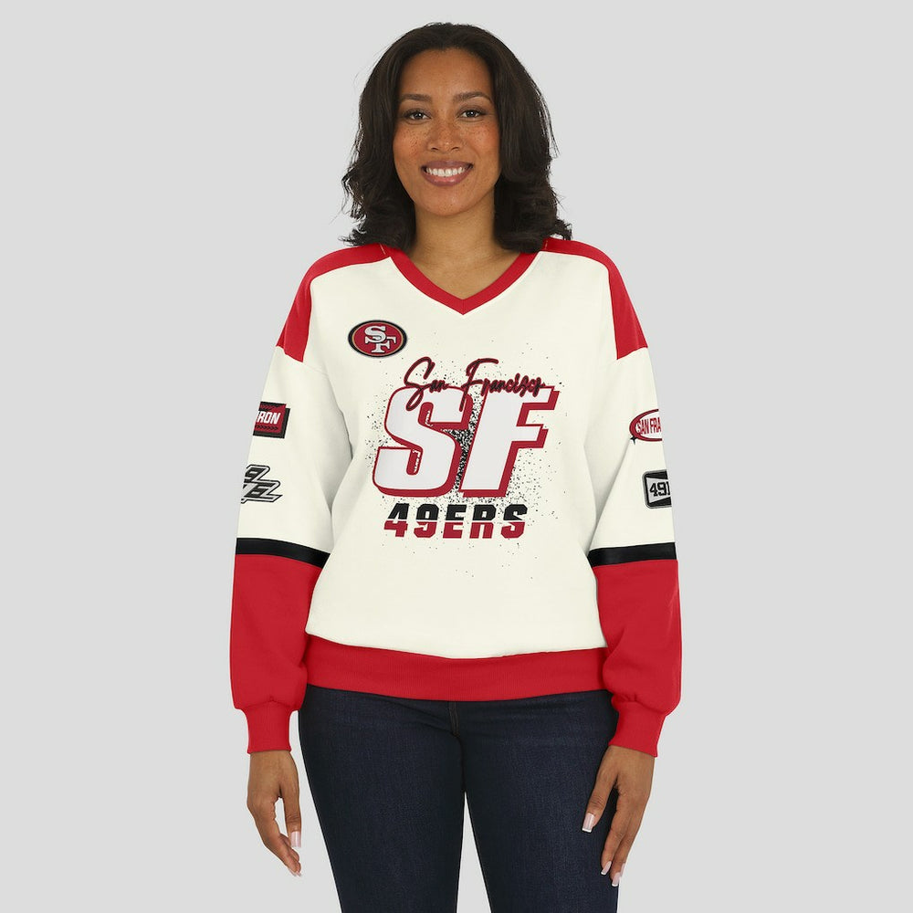 San Francisco 49ers WEAR by Erin Andrews Women's Racing Crew V-Neck Sweatshirt - Cream Sweatshirts