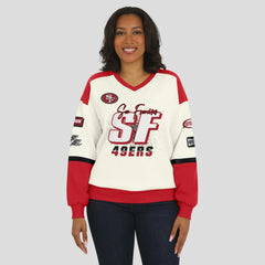 San Francisco 49ers WEAR by Erin Andrews Women's Racing Crew V-Neck Sweatshirt - Cream Sweatshirts