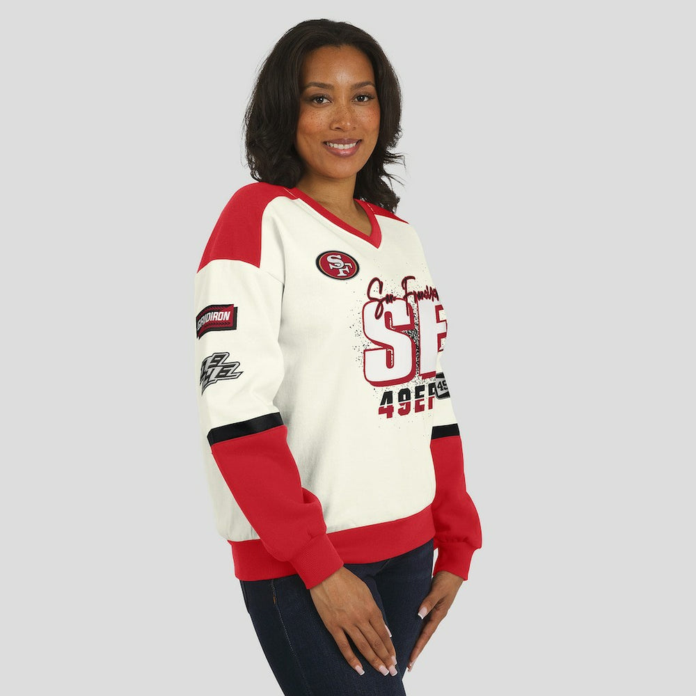 San Francisco 49ers WEAR by Erin Andrews Women's Racing Crew V-Neck Sweatshirt - Cream Sweatshirts