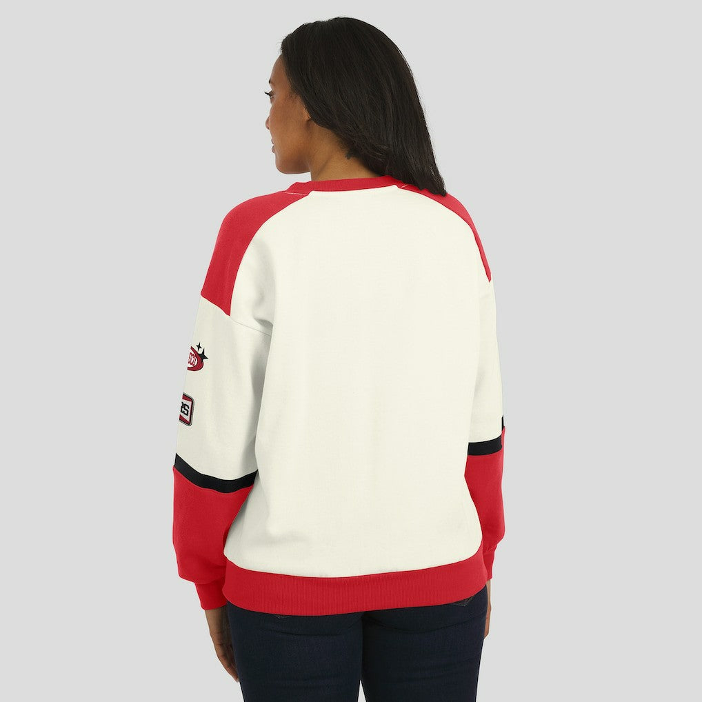 San Francisco 49ers WEAR by Erin Andrews Women's Racing Crew V-Neck Sweatshirt - Cream Sweatshirts