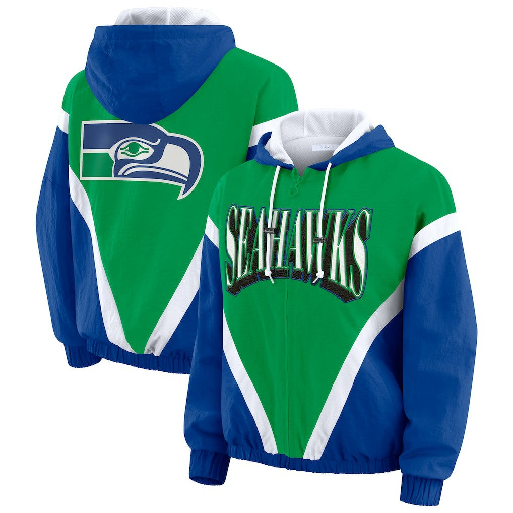 Seattle Seahawks WEAR by Erin Andrews Women's Plus Size Retro Crinkle Full-Zip Hoodie Windbreaker Jacket - Kelly Green/Royal Hoodies