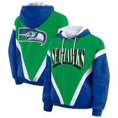 Seattle Seahawks WEAR by Erin Andrews Women's Plus Size Retro Crinkle Full-Zip Hoodie Windbreaker Jacket - Kelly Green/Royal Hoodies