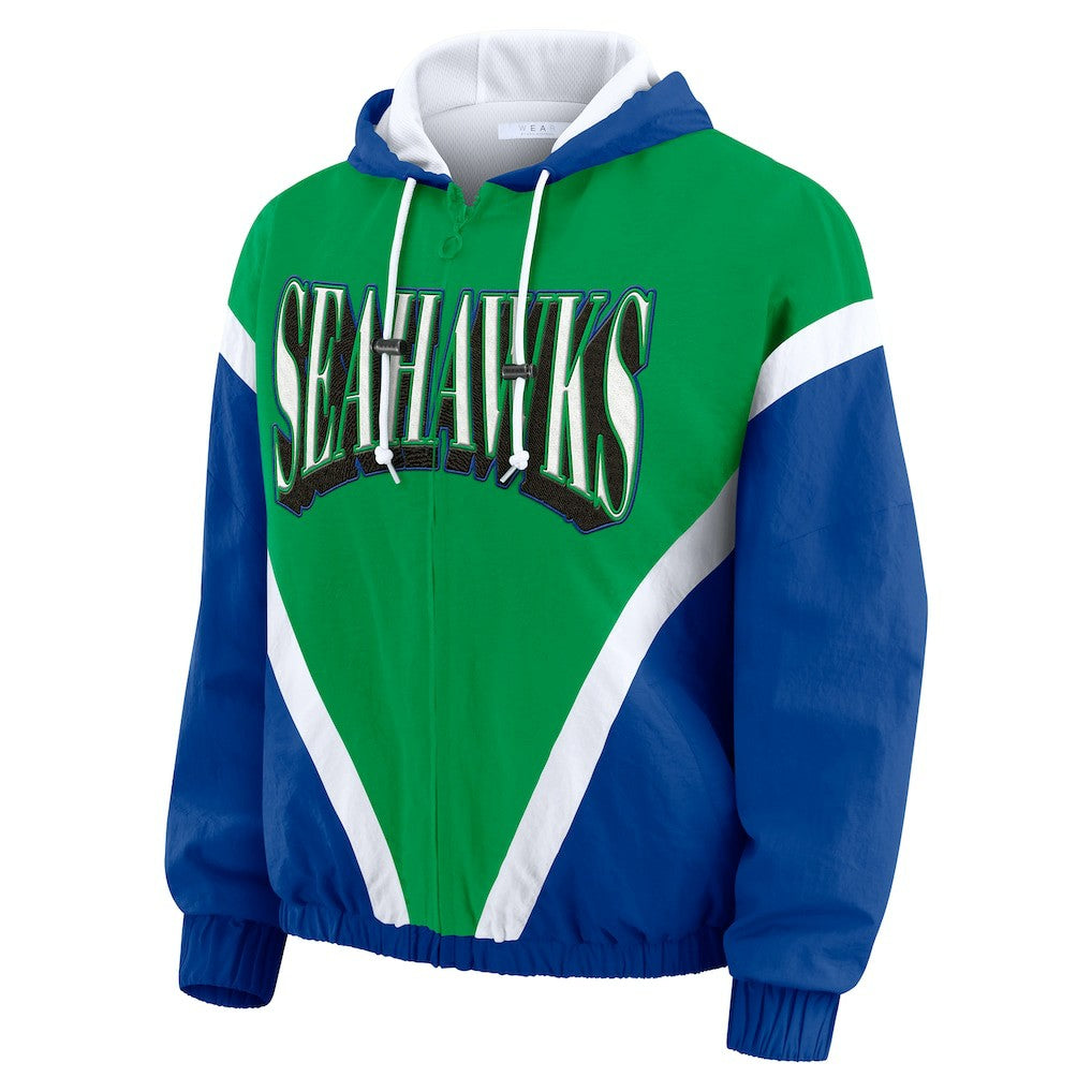 Seattle Seahawks WEAR by Erin Andrews Women's Plus Size Retro Crinkle Full-Zip Hoodie Windbreaker Jacket - Kelly Green/Royal Hoodies