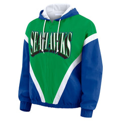 Seattle Seahawks WEAR by Erin Andrews Women's Plus Size Retro Crinkle Full-Zip Hoodie Windbreaker Jacket - Kelly Green/Royal Hoodies