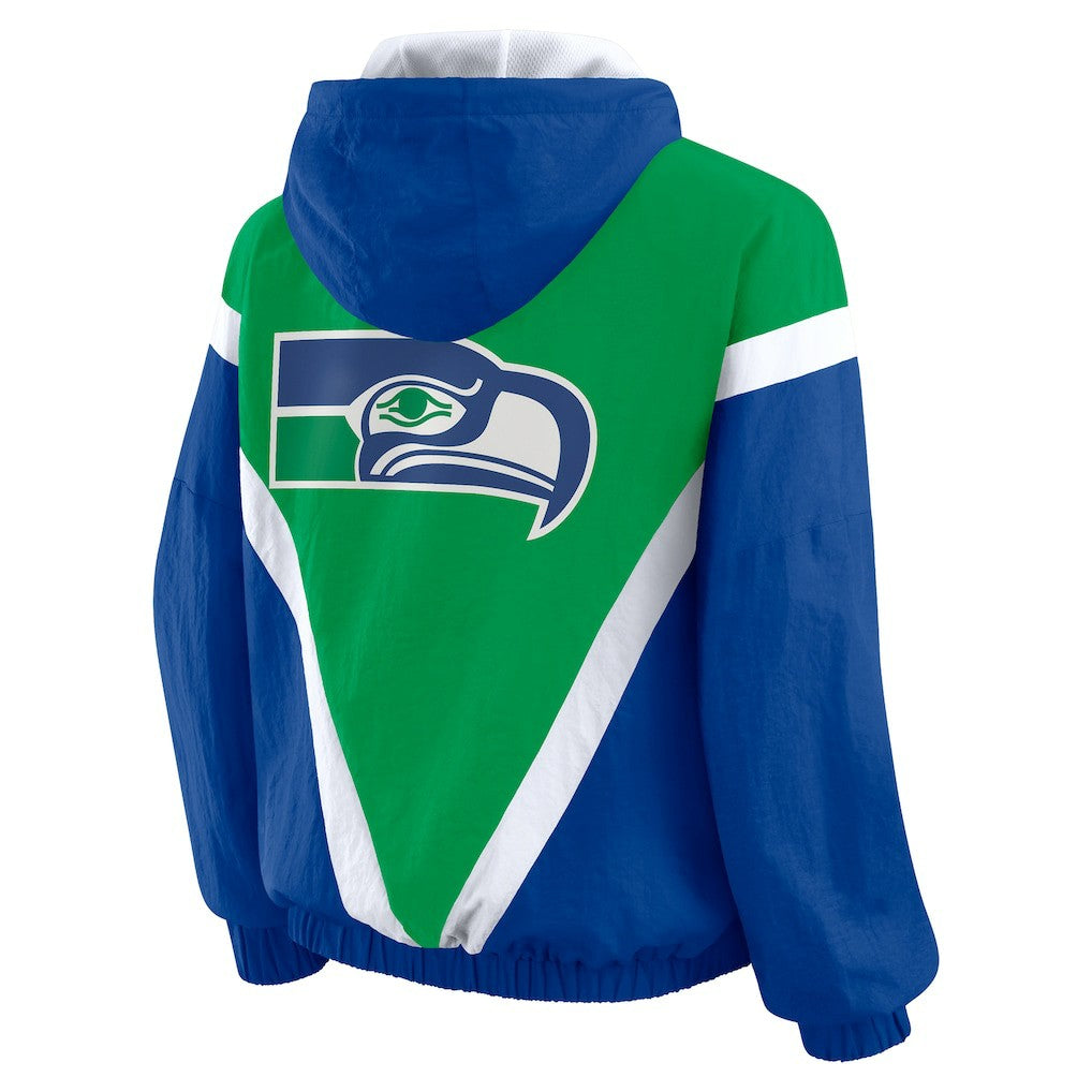 Seattle Seahawks WEAR by Erin Andrews Women's Plus Size Retro Crinkle Full-Zip Hoodie Windbreaker Jacket - Kelly Green/Royal Hoodies