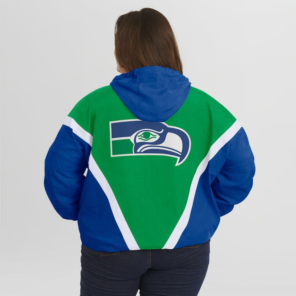 Seattle Seahawks WEAR by Erin Andrews Women's Plus Size Retro Crinkle Full-Zip Hoodie Windbreaker Jacket - Kelly Green/Royal Hoodies