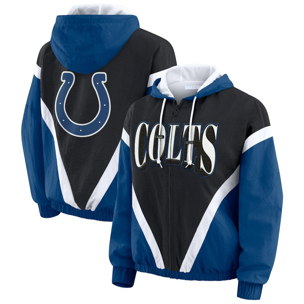 Indianapolis Colts WEAR by Erin Andrews Women's Plus Size Retro Crinkle Full-Zip Hoodie Windbreaker Jacket - Black/Royal Hoodies