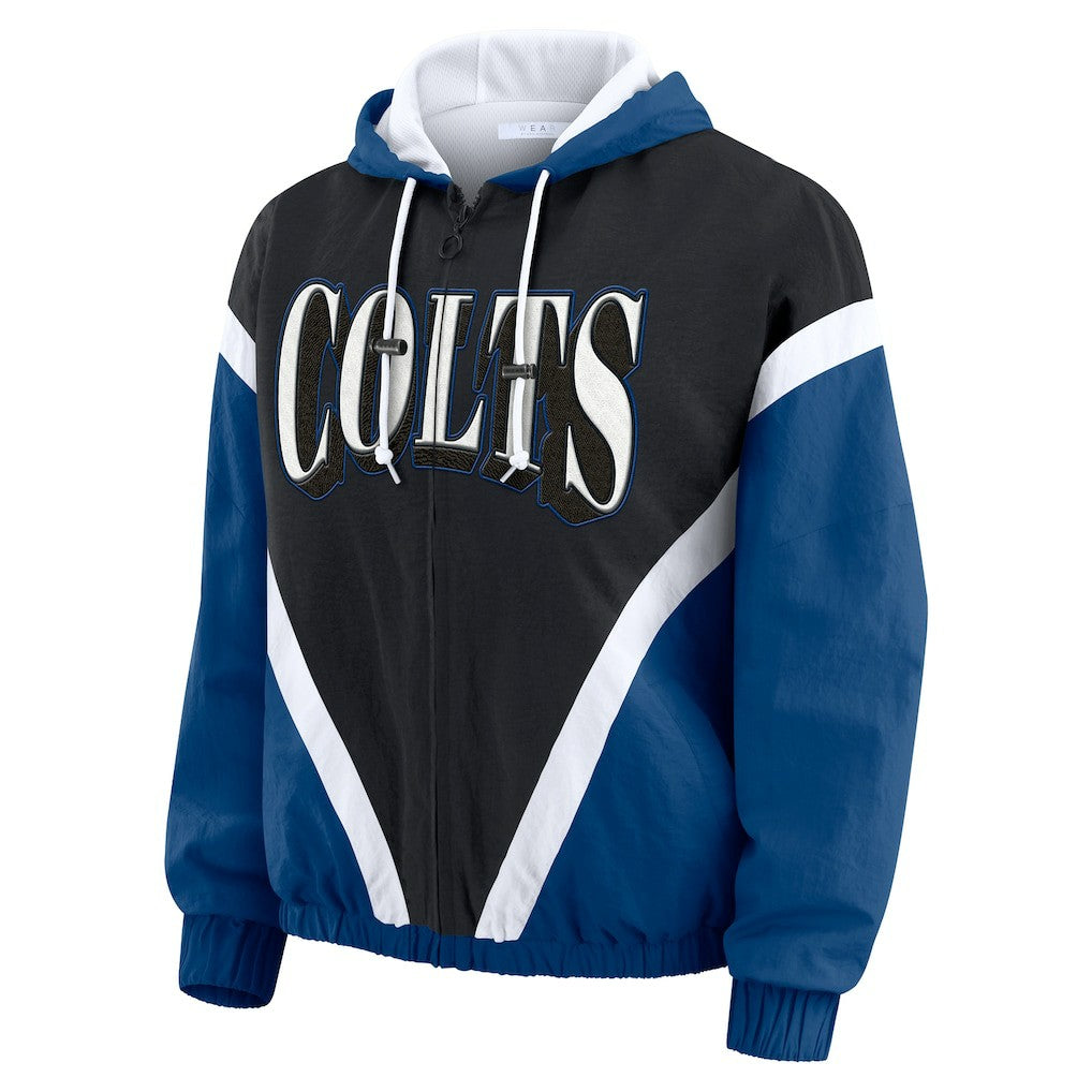 Indianapolis Colts WEAR by Erin Andrews Women's Plus Size Retro Crinkle Full-Zip Hoodie Windbreaker Jacket - Black/Royal Hoodies