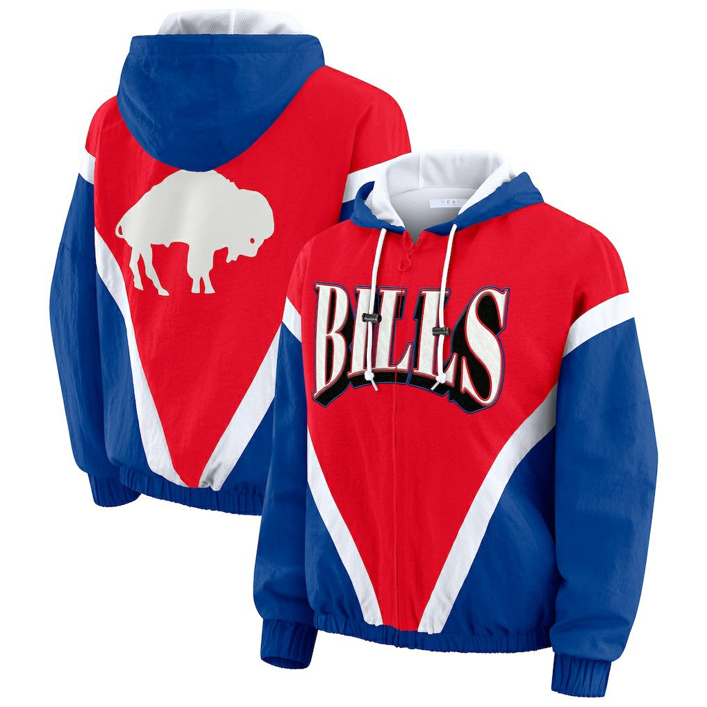 Buffalo Bills WEAR by Erin Andrews Women's Plus Size Retro Crinkle Full-Zip Hoodie Windbreaker Jacket - Red/Royal Hoodies