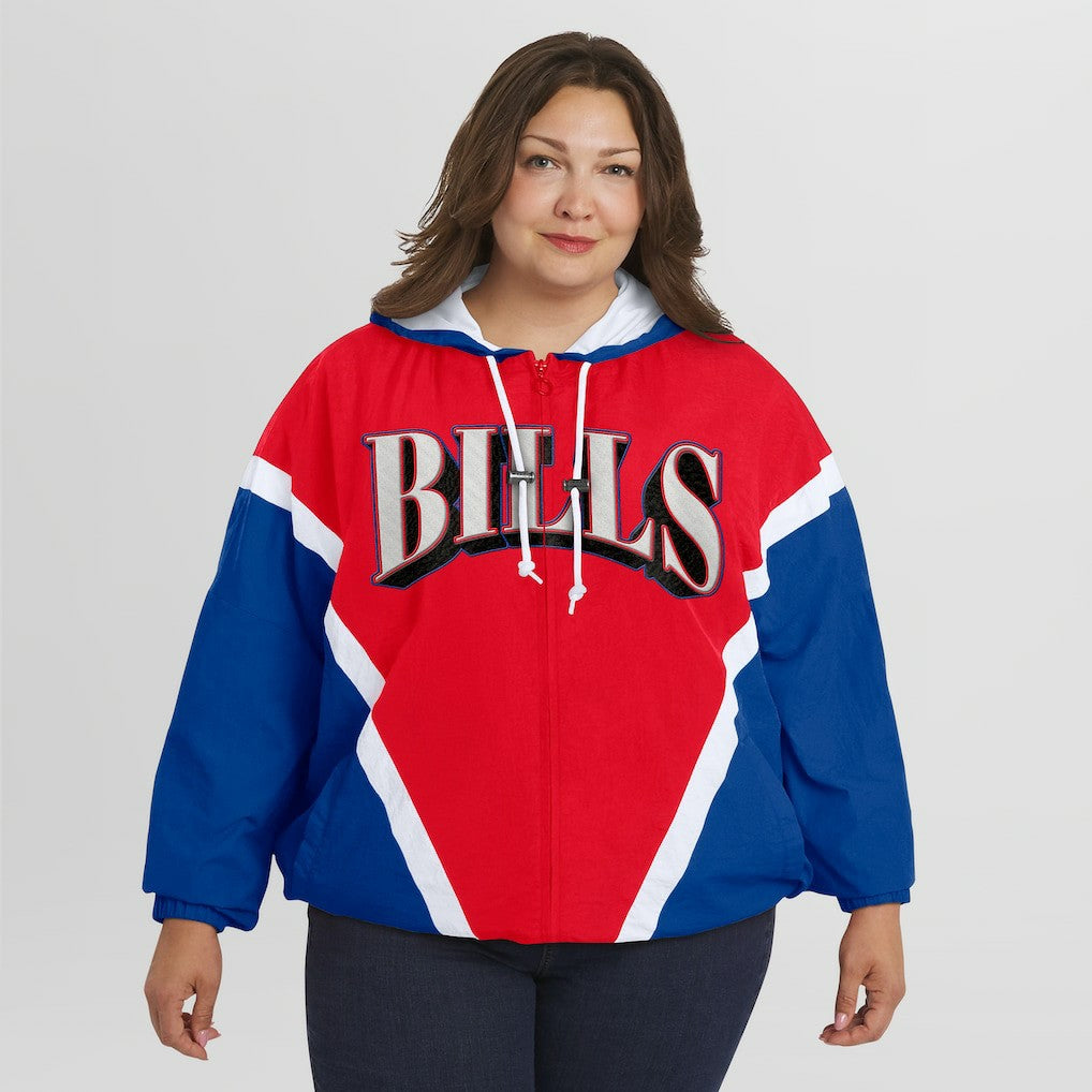 Buffalo Bills WEAR by Erin Andrews Women's Plus Size Retro Crinkle Full-Zip Hoodie Windbreaker Jacket - Red/Royal Hoodies