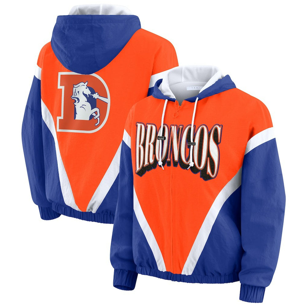 Denver Broncos WEAR by Erin Andrews Women's Plus Size Retro Crinkle Full-Zip Hoodie Windbreaker Jacket - Orange/Royal Hoodies