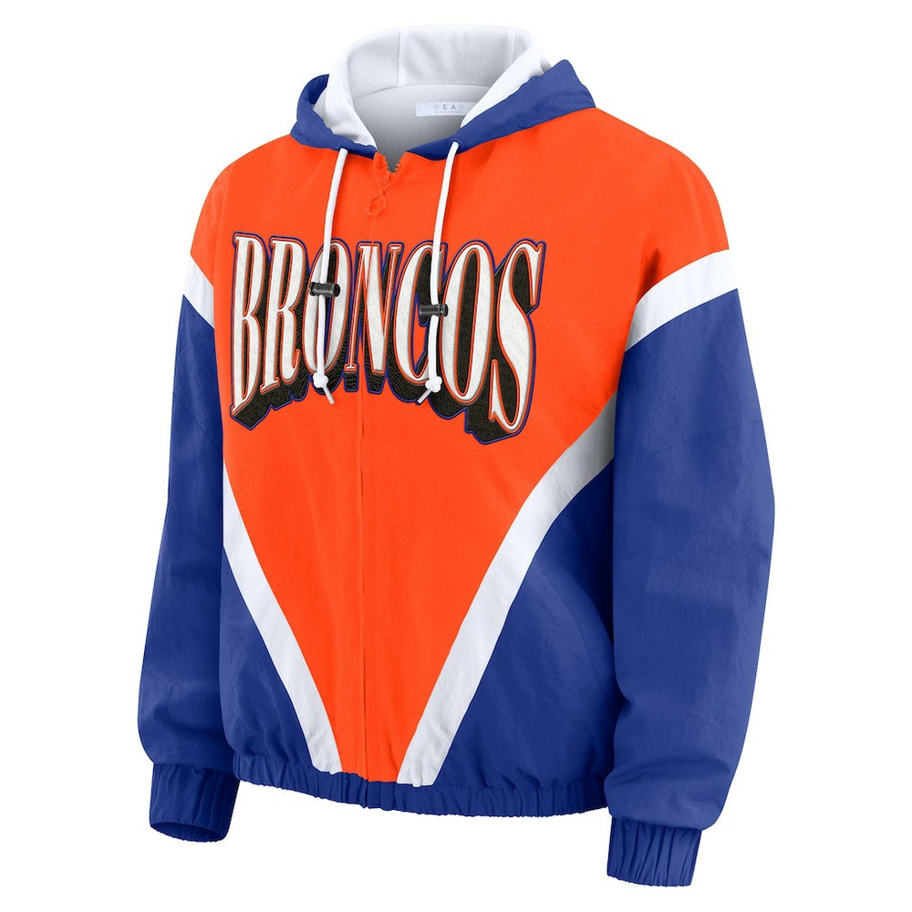 Denver Broncos WEAR by Erin Andrews Women's Plus Size Retro Crinkle Full-Zip Hoodie Windbreaker Jacket - Orange/Royal Hoodies