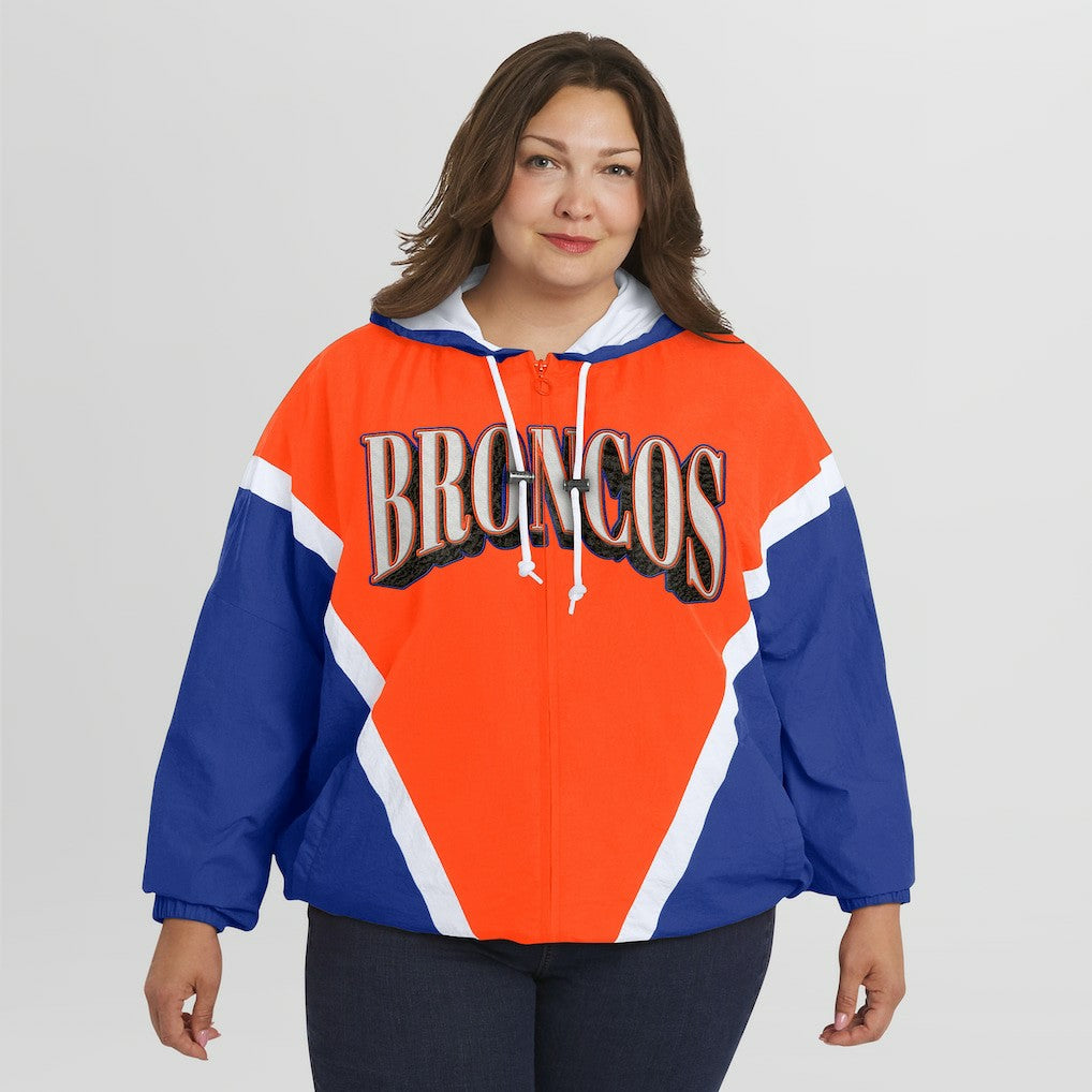 Denver Broncos WEAR by Erin Andrews Women's Plus Size Retro Crinkle Full-Zip Hoodie Windbreaker Jacket - Orange/Royal Hoodies