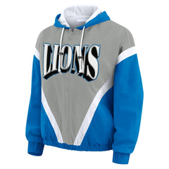 Detroit Lions WEAR by Erin Andrews Women's Plus Size Retro Crinkle Full-Zip Hoodie Windbreaker Jacket - Blue/Gray Hoodies