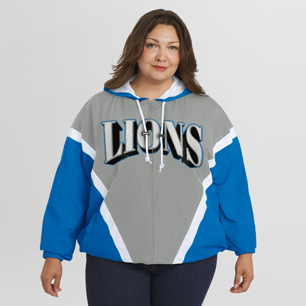 Detroit Lions WEAR by Erin Andrews Women's Plus Size Retro Crinkle Full-Zip Hoodie Windbreaker Jacket - Blue/Gray Hoodies