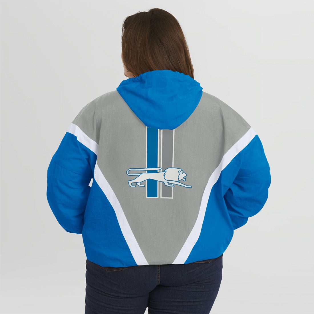 Detroit Lions WEAR by Erin Andrews Women's Plus Size Retro Crinkle Full-Zip Hoodie Windbreaker Jacket - Blue/Gray Hoodies