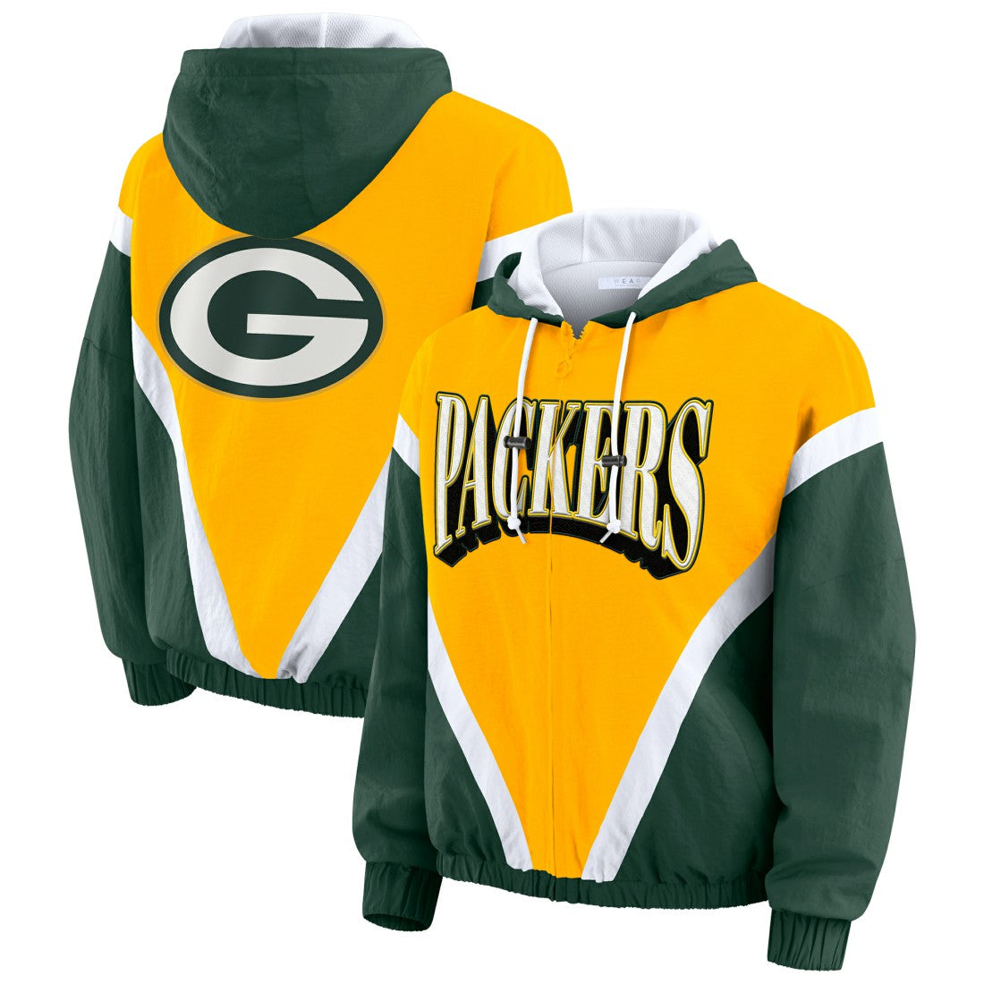 Green Bay Packers WEAR by Erin Andrews Women's Plus Size Retro Crinkle Full-Zip Hoodie Windbreaker Jacket - Gold/Green Hoodies