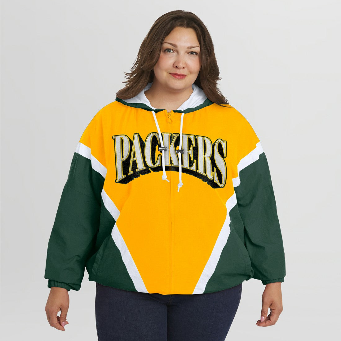 Green Bay Packers WEAR by Erin Andrews Women's Plus Size Retro Crinkle Full-Zip Hoodie Windbreaker Jacket - Gold/Green Hoodies
