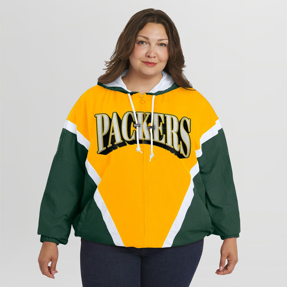 Green Bay Packers WEAR by Erin Andrews Women's Plus Size Retro Crinkle Full-Zip Hoodie Windbreaker Jacket - Gold/Green Hoodies