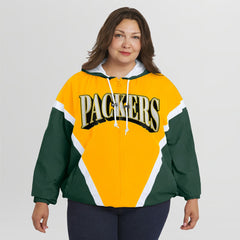Green Bay Packers WEAR by Erin Andrews Women's Plus Size Retro Crinkle Full-Zip Hoodie Windbreaker Jacket - Gold/Green Hoodies
