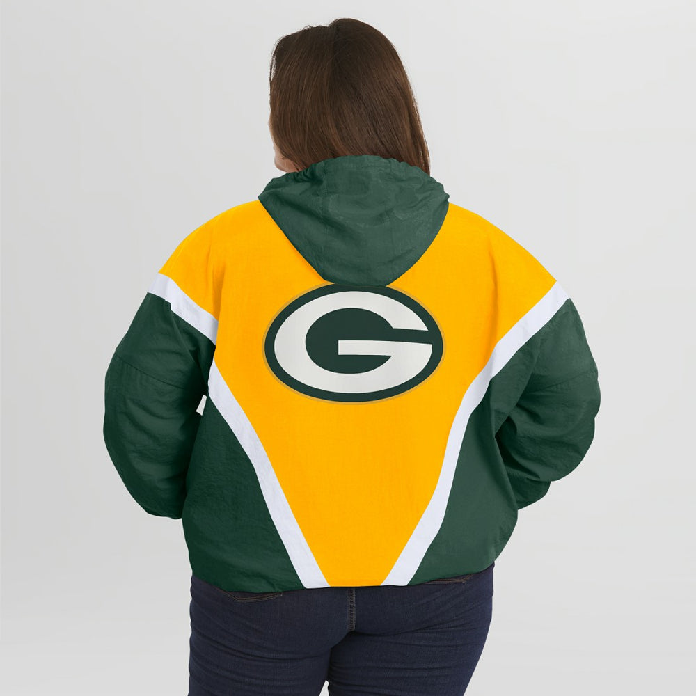 Green Bay Packers WEAR by Erin Andrews Women's Plus Size Retro Crinkle Full-Zip Hoodie Windbreaker Jacket - Gold/Green Hoodies