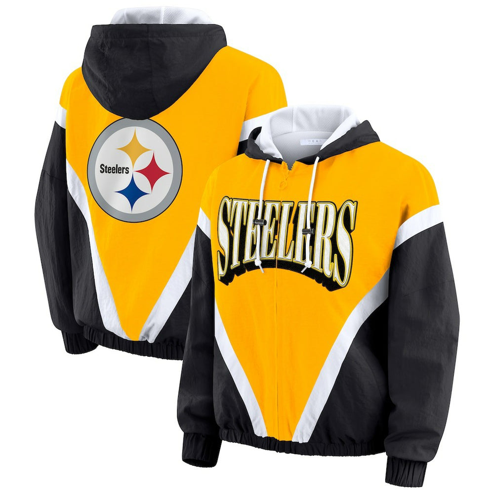 Pittsburgh Steelers WEAR by Erin Andrews Women's Plus Size Retro Crinkle Full-Zip Hoodie Windbreaker Jacket - Gold/Black Hoodies