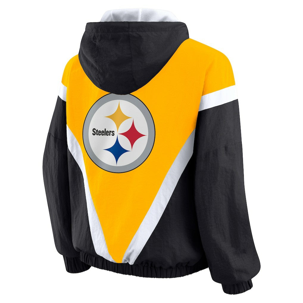 Pittsburgh Steelers WEAR by Erin Andrews Women's Plus Size Retro Crinkle Full-Zip Hoodie Windbreaker Jacket - Gold/Black Hoodies