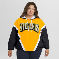 Pittsburgh Steelers WEAR by Erin Andrews Women's Plus Size Retro Crinkle Full-Zip Hoodie Windbreaker Jacket - Gold/Black Hoodies