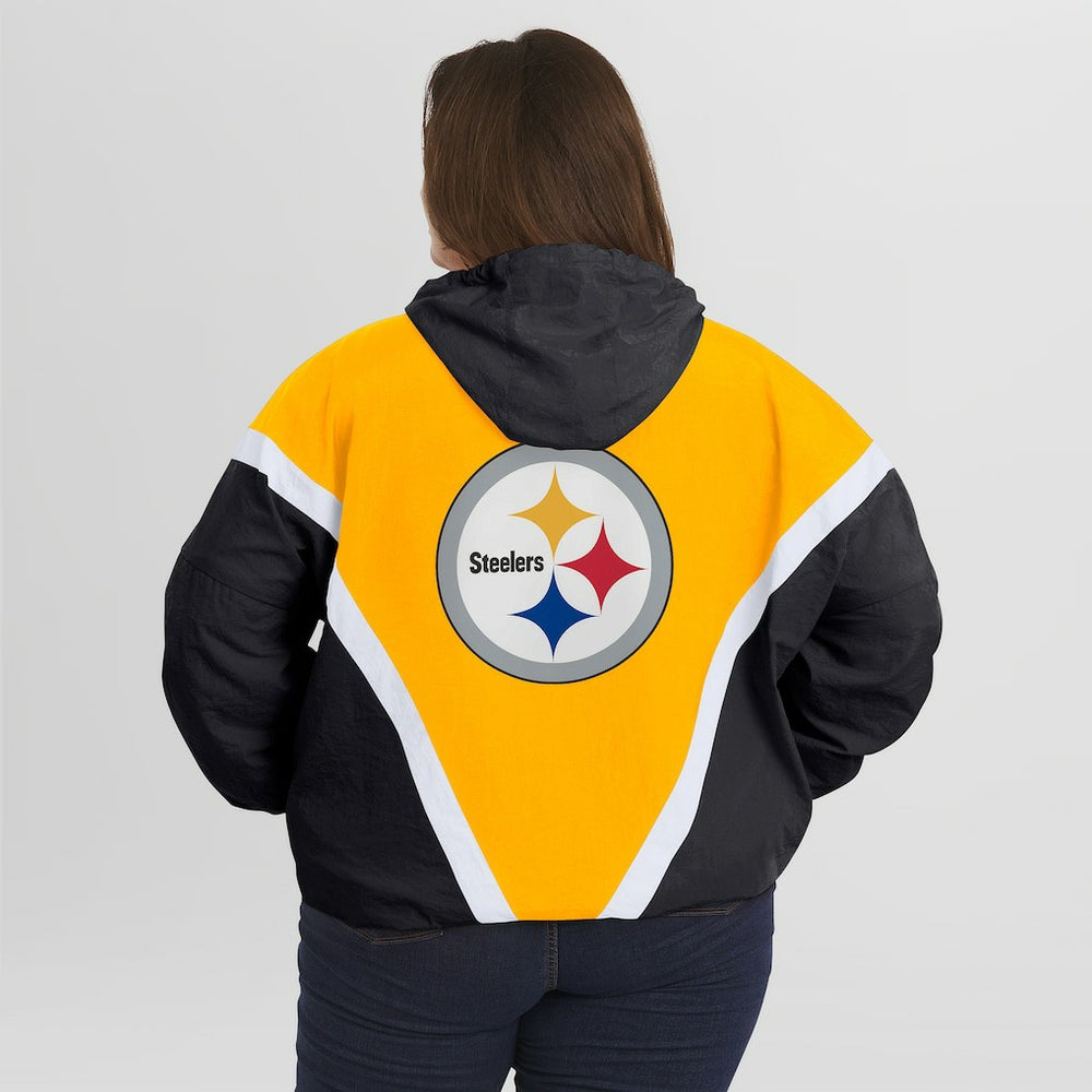 Pittsburgh Steelers WEAR by Erin Andrews Women's Plus Size Retro Crinkle Full-Zip Hoodie Windbreaker Jacket - Gold/Black Hoodies