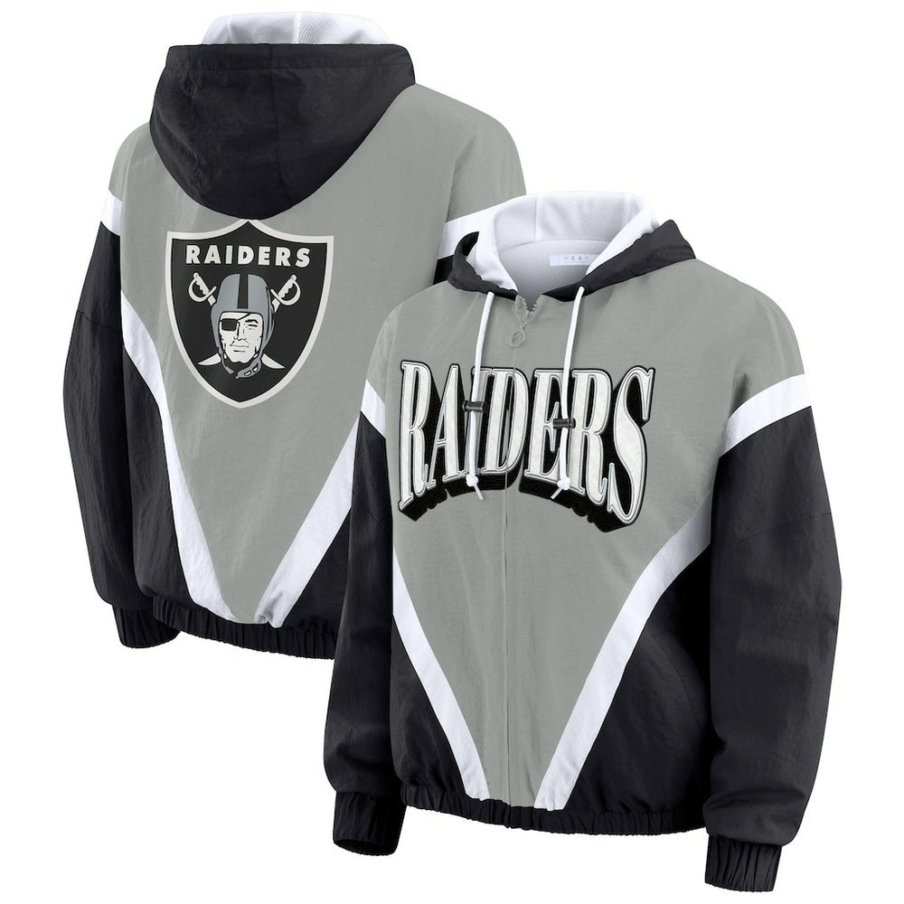 Las Vegas Raiders WEAR by Erin Andrews Women's Plus Size Retro Crinkle Full-Zip Hoodie Windbreaker Jacket - Black/Gray Hoodies