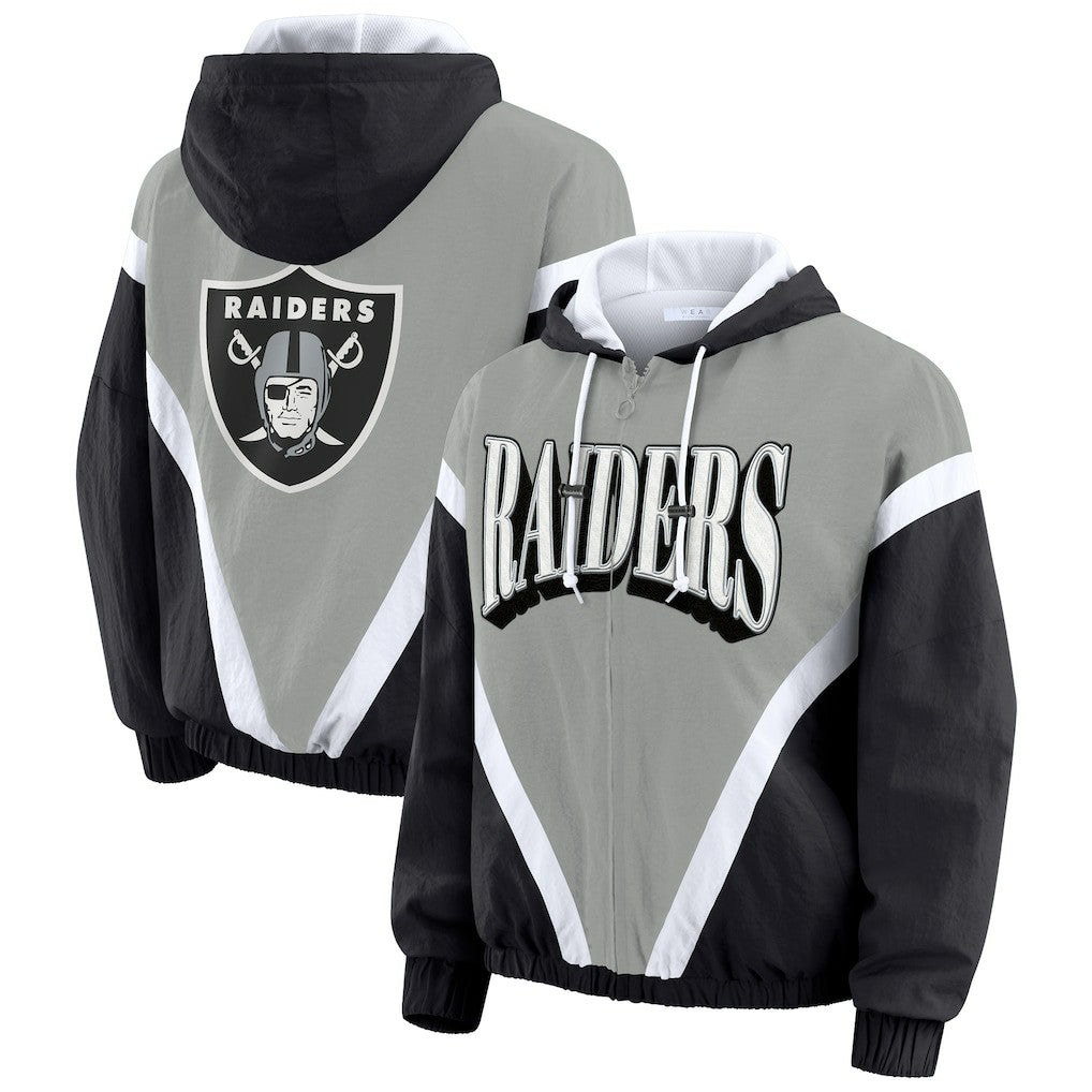 Las Vegas Raiders WEAR by Erin Andrews Women's Plus Size Retro Crinkle Full-Zip Hoodie Windbreaker Jacket - Black/Gray Hoodies