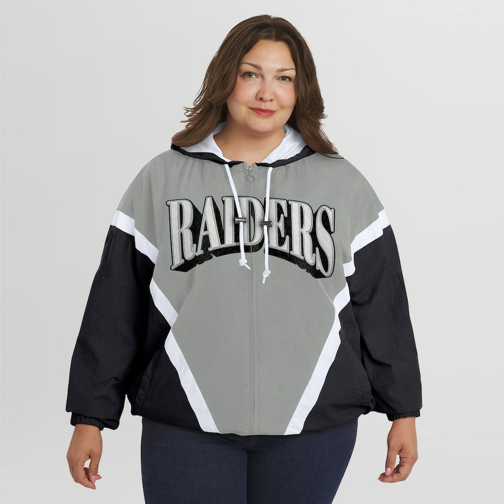 Las Vegas Raiders WEAR by Erin Andrews Women's Plus Size Retro Crinkle Full-Zip Hoodie Windbreaker Jacket - Black/Gray Hoodies