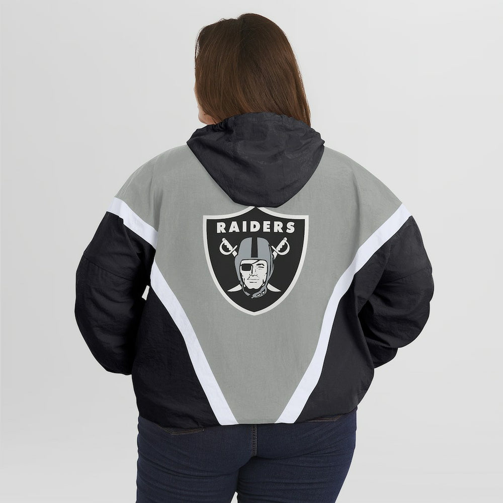 Las Vegas Raiders WEAR by Erin Andrews Women's Plus Size Retro Crinkle Full-Zip Hoodie Windbreaker Jacket - Black/Gray Hoodies
