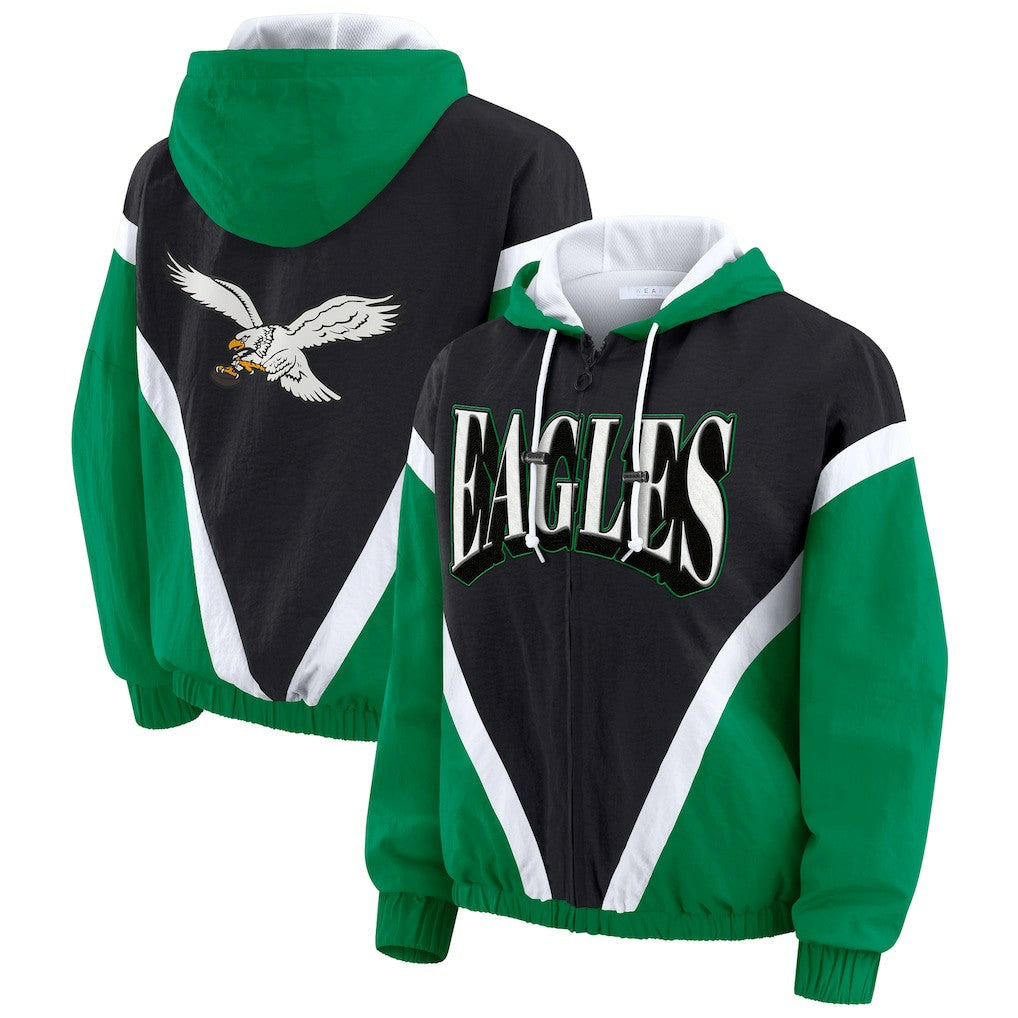 Philadelphia Eagles WEAR by Erin Andrews Women's Plus Size Retro Crinkle Full-Zip Hoodie Windbreaker Jacket - Kelly Green/Black Hoodies