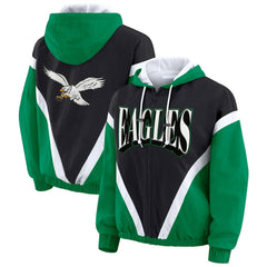 Philadelphia Eagles WEAR by Erin Andrews Women's Plus Size Retro Crinkle Full-Zip Hoodie Windbreaker Jacket - Kelly Green/Black Hoodies