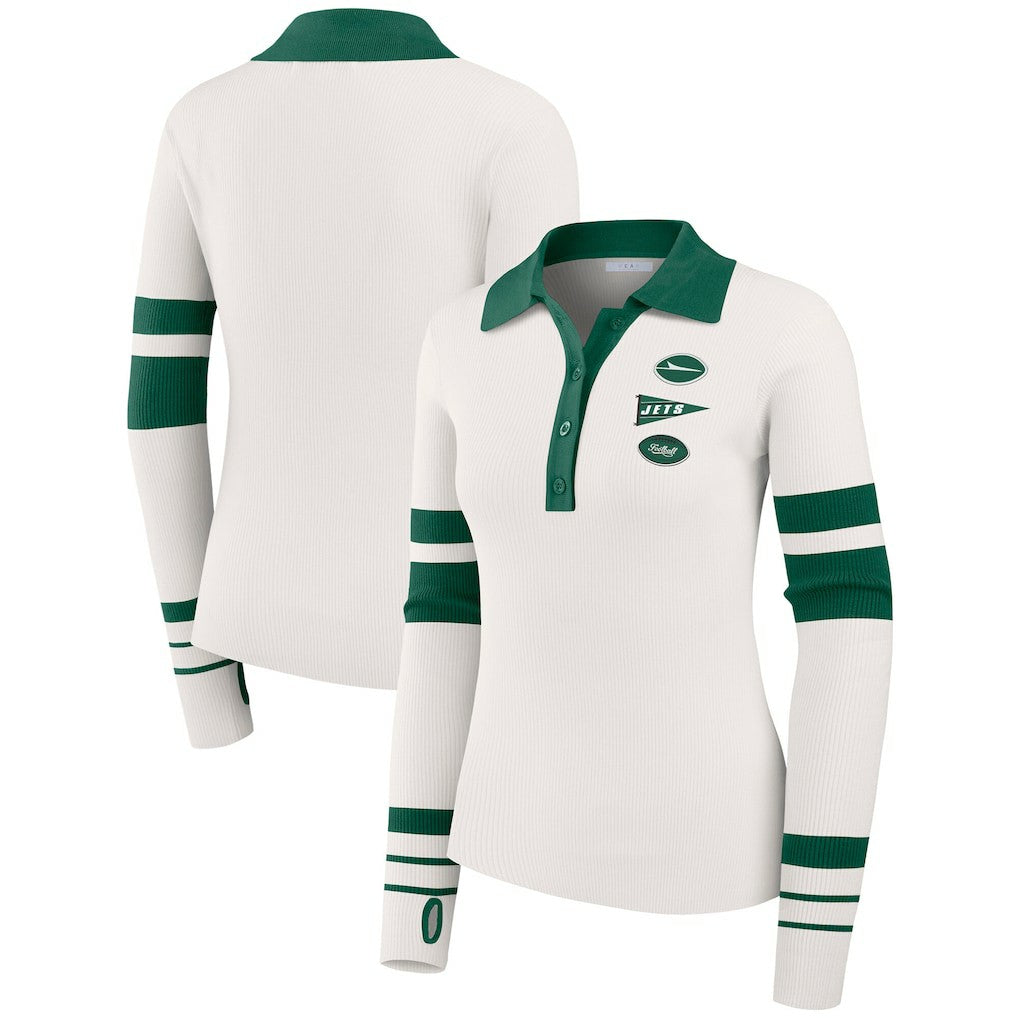 New York Jets WEAR by Erin Andrews Women's Ribbed Henley Polo Sweater - White