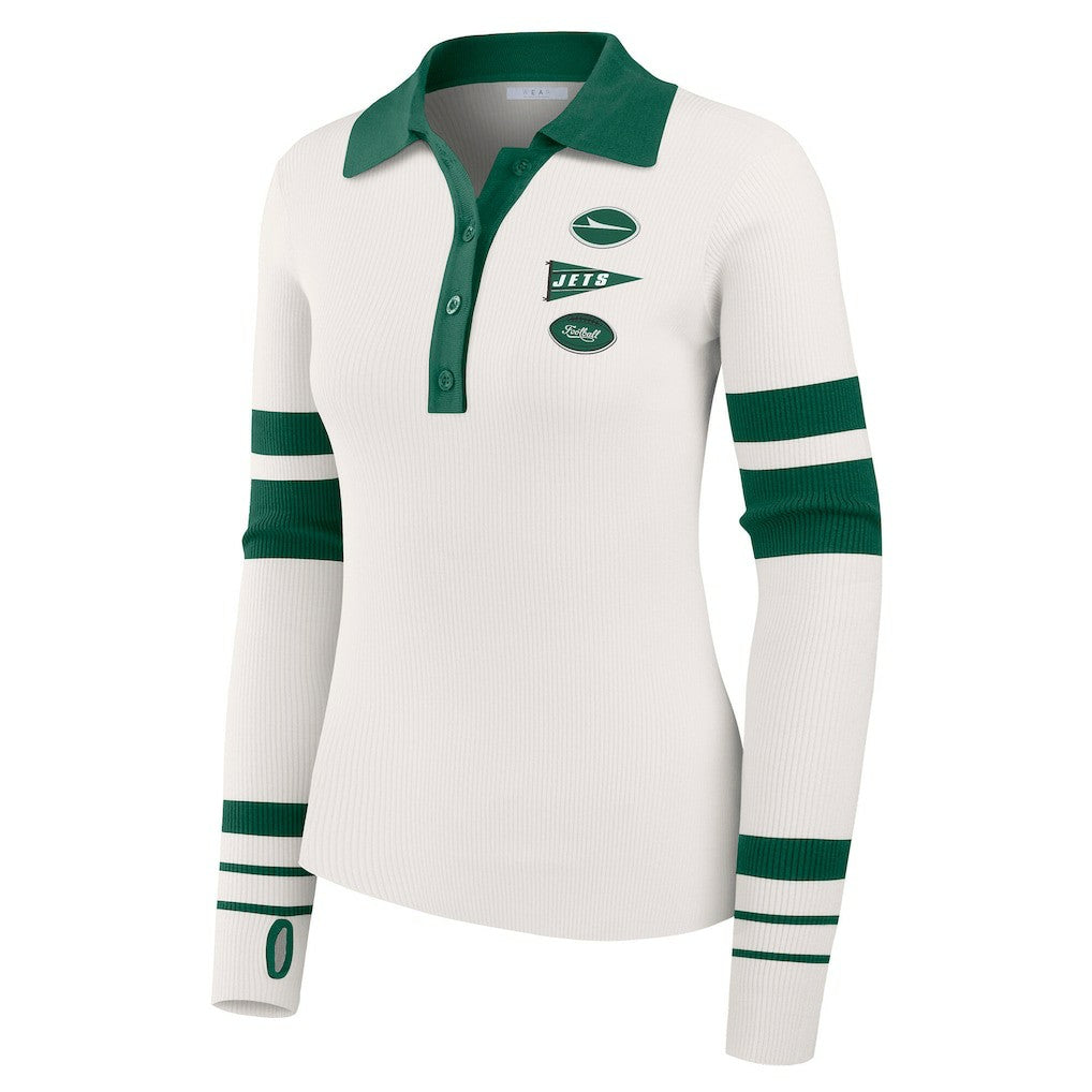 New York Jets WEAR by Erin Andrews Women's Ribbed Henley Polo Sweater - White