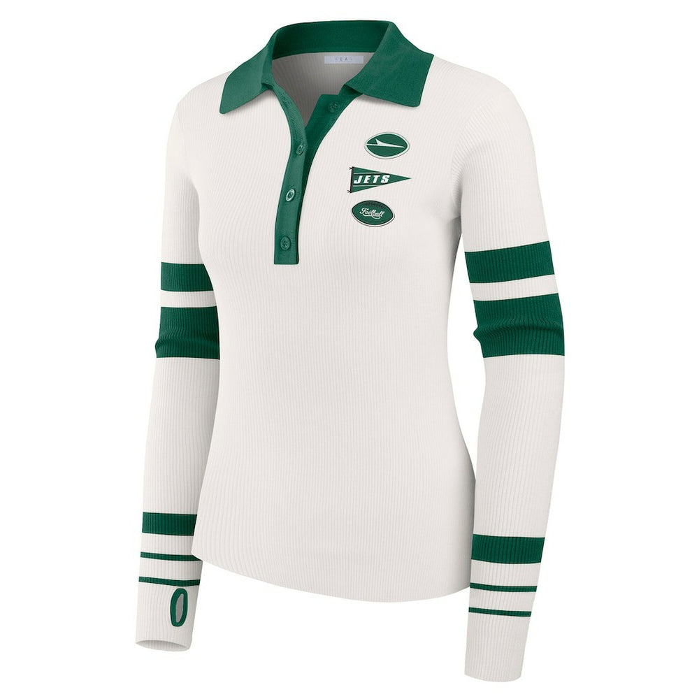 New York Jets WEAR by Erin Andrews Women's Ribbed Henley Polo Sweater - White