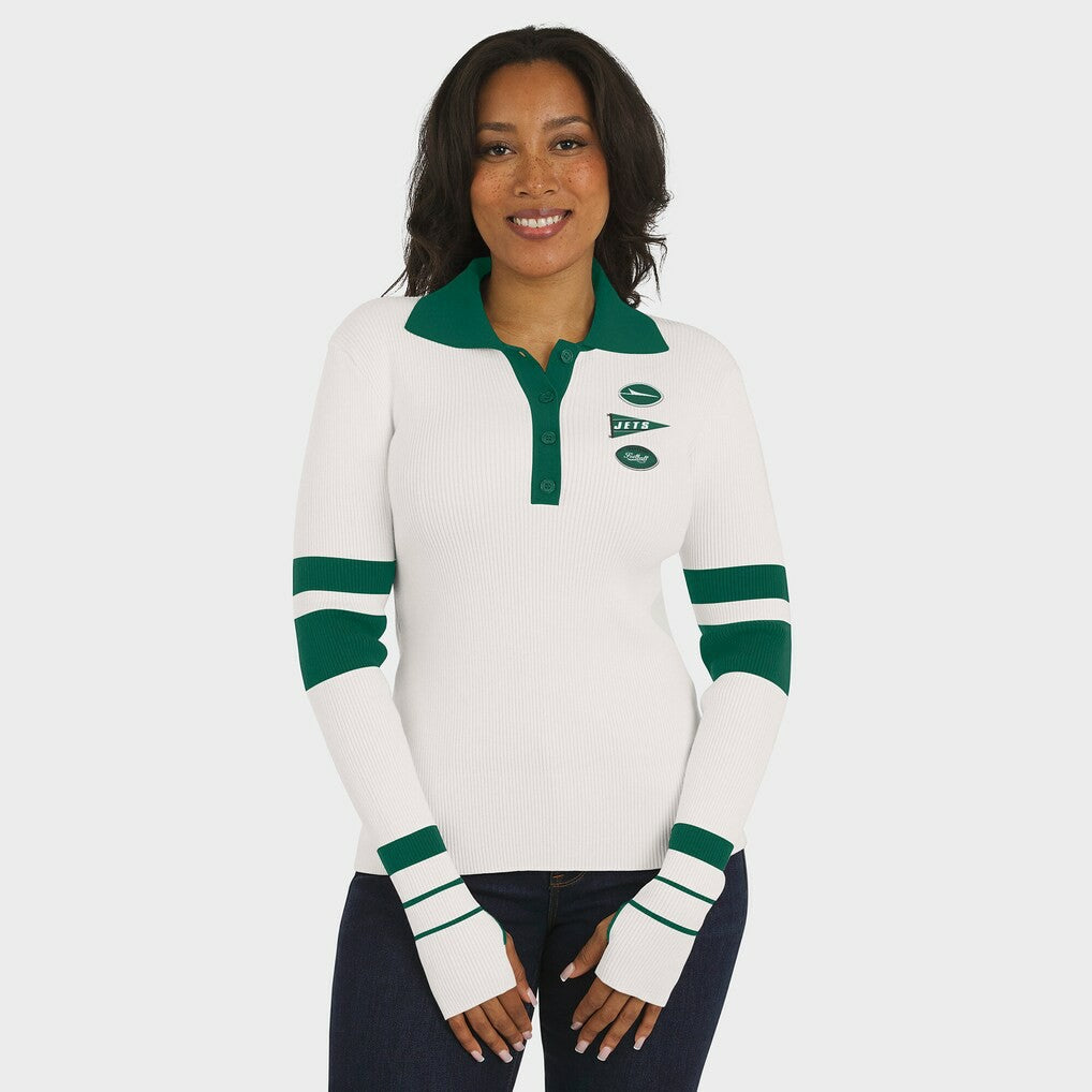 New York Jets WEAR by Erin Andrews Women's Ribbed Henley Polo Sweater - White
